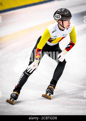 Dresden, Germany, February 01, 2019: Belgian speed skater Rino Vanhooren competes during the ISU Short Track Speed Skating World Championship Stock Photo