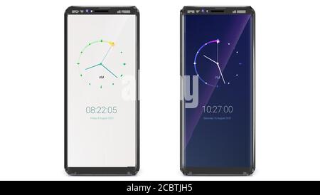 Smartphones with clock. Digital and analog variant of watch. Phone UI X size. Day and night version. Vector 3D illustration isolated on white. Stock Vector