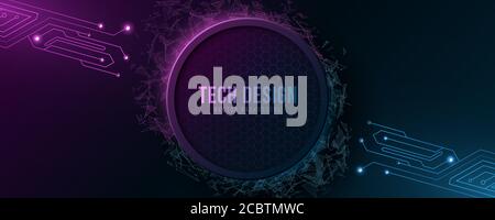 Futuristic hi-tech banner with computer circuit. Design modern technology. Glowing blue and purple neon honeycombs. Flying geometrical plexus particle Stock Vector