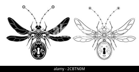 Two mechanical, monochrome, isolated, contour insects with gears and keyhole the abdomen. Steampunk style. Stock Vector