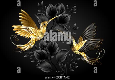 Black and gold jewelry hummingbirds on gray background decorated with plants. Jewelry birds. Stock Vector