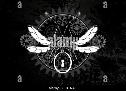 Contour, white, mechanical insect with mechanism of silhouette gears on dark grunge background. Steampunk style. Stock Vector