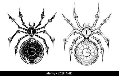 Two mechanical, monochrome, isolated, contour spiders with dial and keyhole on the abdomen. Steampunk style. Stock Vector