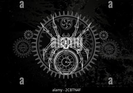 Contour, white, contour, schematic, mechanical spider with dial and keyhole on dark grunge background. Steampunk style. Stock Vector