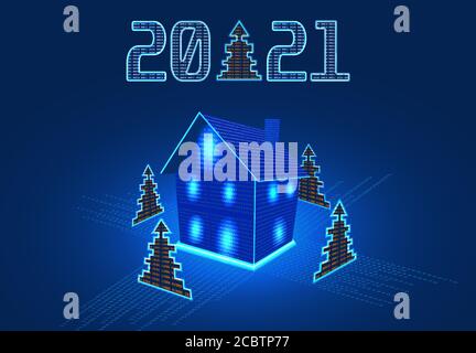 Happy New Year 2021. Festive inscription, house and Christmas tree from numbers. Computer interface. GUI vector illustration Stock Vector
