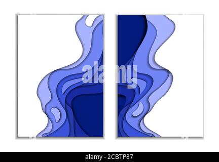 Two covers. Waves from blue 3d paper. Design layout for presentations banners, flyers, posters and invitations. Vector illustration Stock Vector