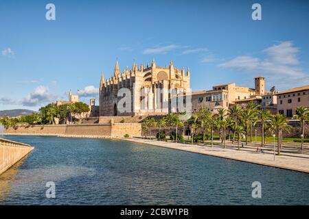 6 March 2020: Palma, Majorca, Spain - Parc de la Mar and Mallorca Cathedral. Stock Photo