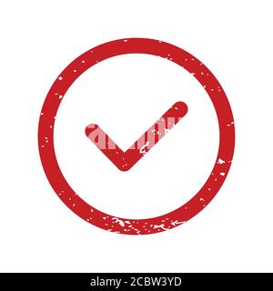 Check list button stamp. Red circle frame imprint with scratched texture. Check mark in round sign. Stock Vector