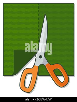 Beautiful flat illustration with cutting scissors and green material on white background Stock Vector