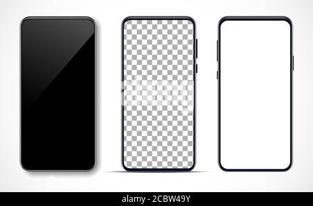 Smartphone mockup set. Blank, white and transparent smartphone screen. Modern digital device template. Vector illustration Stock Vector