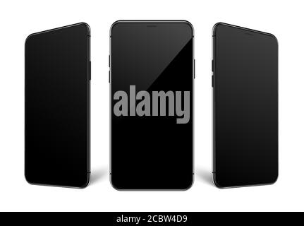 Realistic mobile phone collection. Perspective mockups isolated on white background. Stock Vector