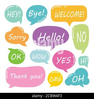 Set of speech bubbles with short phrases yes, thank you, ok, omg, hello, sorry, welcome. Stock Vector