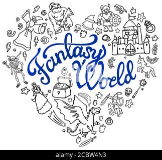 Beautiful set with doodle cartoon arts. Fantasy characters, items and castle on white background Stock Vector