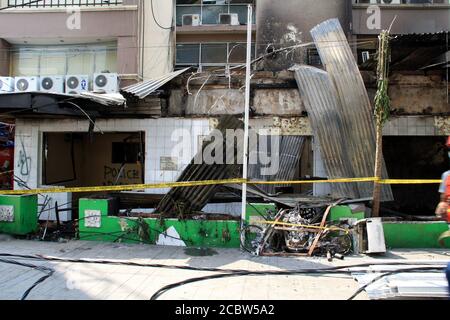 Jakarta, Indonesia - May 23, 2019: The police post on Jalan Sabang was burned during the Jakarta riots on May 22. Stock Photo