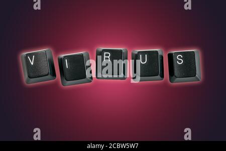 Computer keyboard keys spelling Virus on a dark red background Stock Photo