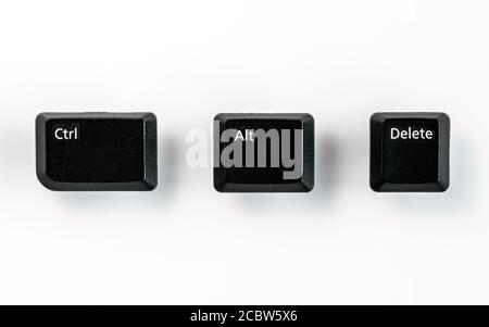 Black Ctrl, Alt, Del keyboard keys isolated on white, a combination of keys used to reboot a computer Stock Photo