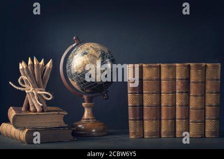 Back to School. Vintage still life with copy space. Stock Photo