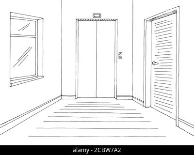 Corridor graphic black white interior sketch illustration vector Stock Vector