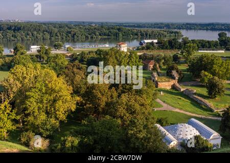 Lower Kalemegdan park and confluence of rivers Danube and Sava, view from Belgrade Fortress in Belgrade, Serbia Stock Photo