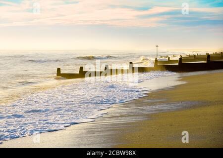 Groynes on Tywyn / Towyn beach, Gwynedd, mid Wales Stock Photo