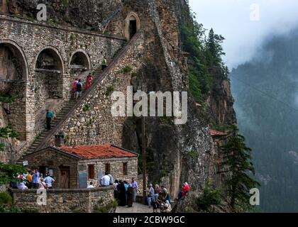 The staircase clinging to the side of a cliff face which leads up to the entrance of Sumela Monastery near Trabzon on the Black Sea of Turkey. Stock Photo