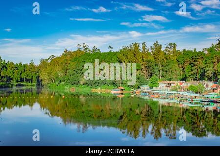 lake pristine with green forest water reflection and bright blue sky at morning image is taken at ooty lake tamilnadu south india. it is showing the b Stock Photo