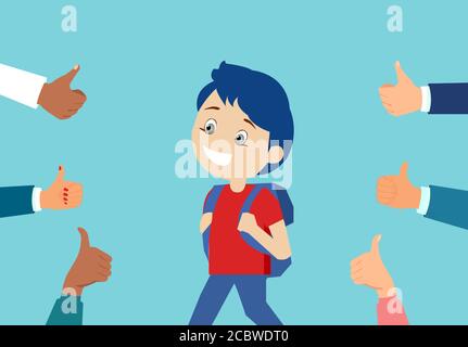 Vector of a cheerful boy student surrounded by hands giving thumbs up on blue background Stock Vector