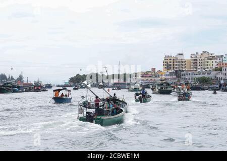 Lingshui. 16th Aug, 2020. Fishing boats sail on the sea as the summer fishing moratorium ended in Xincun Township in south China's Hainan Province, Aug. 16, 2020. Credit: Zhang Liyun/Xinhua/Alamy Live News Stock Photo