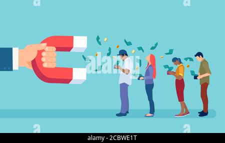 Vector of a big businessman holding a magnet attracting money from people wallets. Stock Vector