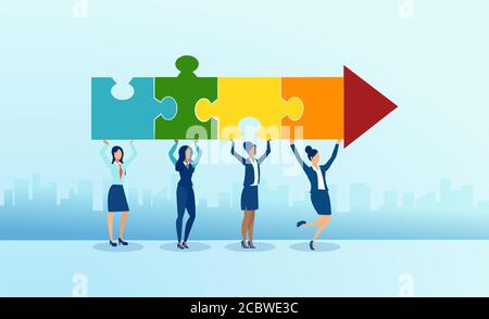 Vector of diverse young women holding puzzle pieces shaped as an arrow Stock Vector