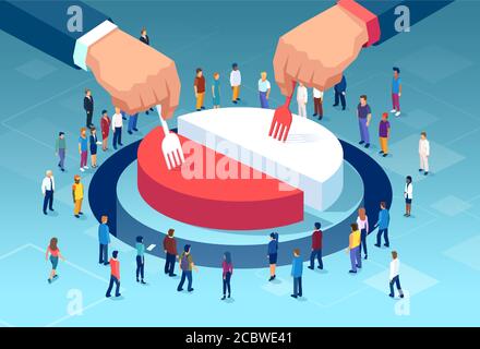 Vector of two big businessmen dividing financial pie chart, profits with people standing around Stock Vector
