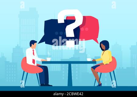 Vector of a businessman and businesswoman having questions during meeting and discussion Stock Vector