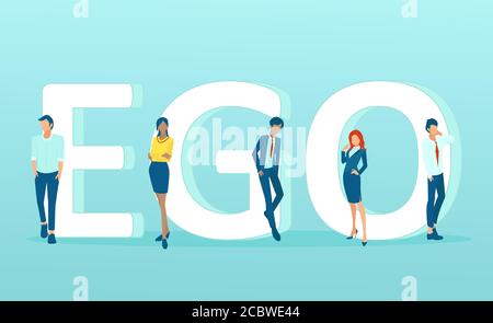 Vector of men and women standing by the word ego on blue background Stock Vector