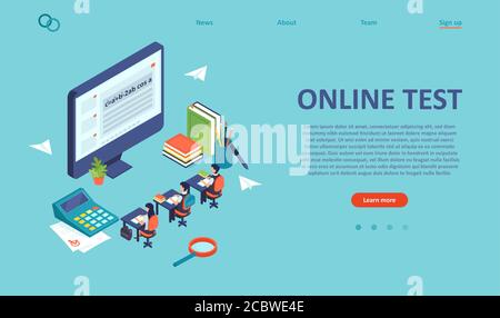 Vector of students solving finals using computer. Online testing, e-learning and remote education concept Stock Vector
