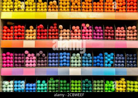 color palette - multi-colored markers on the store counter for designers and artists. Preparation for school. tools for creativity. Stock Photo