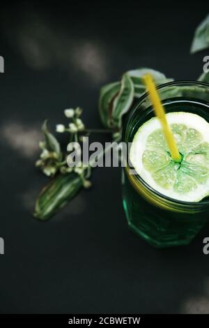 Green coctail on black background. Poison Ivy coctail. Summer drink. Stock Photo