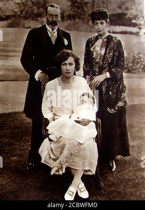 A 1923 UK royal portrait of four generations King George  V & Queen Mary (of Teck) , Princess Mary (Victoria Alexandra Alice Mary), & her son George Henry Hubert Lascelles (7th Earl of Harewood). Princess Mary became  Princess Royal in 1932. Stock Photo