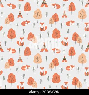 Red fox cartoon and forrest seamless pattern. Autumn pattern design with foxes, tent and trees, orange and red color. Stock Vector