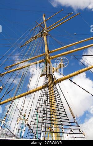 rigging and mast of old ship in detail Stock Photo