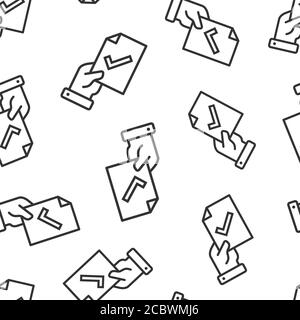 People hand with check mark icon in flat style. Accept vector illustration on white isolated background. Approval choice seamless pattern business con Stock Vector