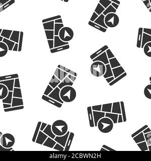 Smartphone map icon in flat style. Mobile phone gps navigation vector illustration on white isolated background. Locate pin position seamless pattern Stock Vector