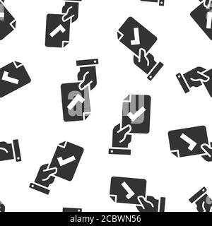 People hand with check mark icon in flat style. Accept vector illustration on white isolated background. Approval choice seamless pattern business con Stock Vector