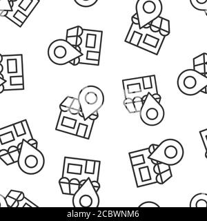 Home pin icon in flat style. House navigation vector illustration on white isolated background. Locate position seamless pattern business concept. Stock Vector