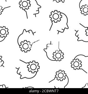 Human head with cogwheel icon in flat style. Technology progress vector illustration on white isolated background. Face and gear seamless pattern busi Stock Vector
