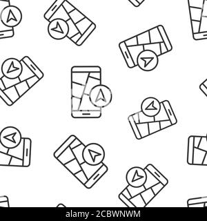 Smartphone map icon in flat style. Mobile phone gps navigation vector illustration on white isolated background. Locate pin position seamless pattern Stock Vector