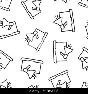 Laptop with megaphone speaker icon in flat style. Notebook bullhorn vector illustration on white isolated background. Computer subscribe seamless patt Stock Vector