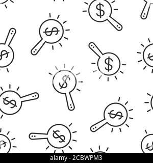 Magnifying glass with money icon in flat style. Dollar search vector illustration on white isolated background. Financial currency seamless pattern bu Stock Vector