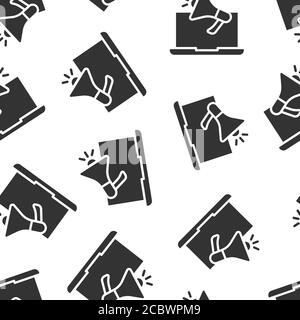 Laptop with megaphone speaker icon in flat style. Notebook bullhorn vector illustration on white isolated background. Computer subscribe seamless patt Stock Vector