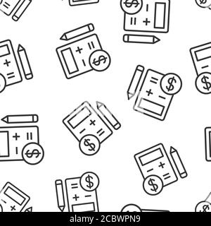 Tax payment icon in flat style. Budget invoice vector illustration on white isolated background. Calculator with dollar coin and pencil seamless patte Stock Vector