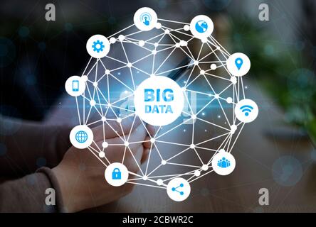 Big data collage with young woman using cellphone for online work and cyber icons on virtual screen Stock Photo